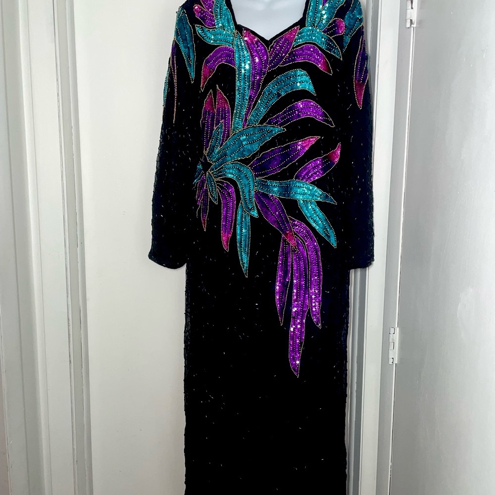Elegant Black Sequin Dress with Purple and Teal Accents